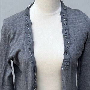 ELIE TAHARI  Gray Wool Cardigan Embellished with Ribbon & Stone Trim size medium